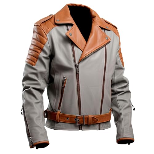 Leather Jets Mens Ash Grey Brown Genuine Sheepskin Notched Lapel Collar Crossover Asymmetric Racer Quilted Leather Jacket