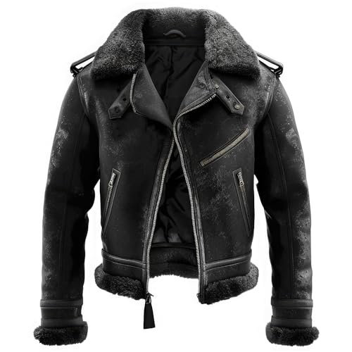 Mens Distressed Black Genuine Suede B3 Sherpa Shearling Faux Fur Collar Autumn Aviator Flight Leather Jacket