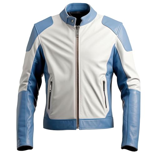 Leather Jets Mens Dusty Blue White Genuine Sheepskin Racing Sportswear Stand Collar Sleek Zipup Motorcycle Leather Jacket