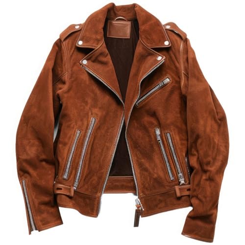 Womens Cinnamon Brown Genuine Suede Elegant Lapel Collar Racing Sleek Multi Zipper Sporty Scooter Leather Jacket