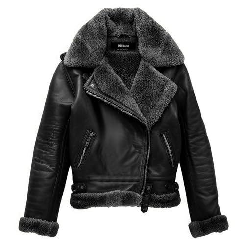 Womens Black Genuine Sheepskin Sherpa Shearling Faux Fur Collar Warm Soft Asymmetric Aviator Leather Jacket