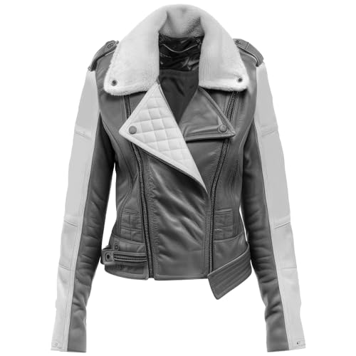 Leather Jets Womens Charcoal Grey White Genuine Sheepskin Crossover Lapel Collar Asymmetric Riding Scooter Leather Jacket