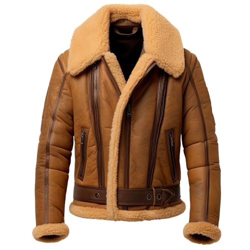 Leather Jets Mens Brown Genuine Sheepskin Sherpa Shearling Faux Fur Lined Aviator Flight Pilot B3 Bomber Leather Jacket