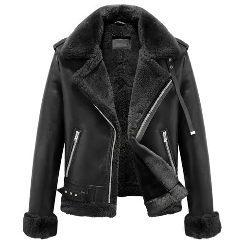 Leather Jets Mens Distressed Black Genuine Sheepskin B3 Sherpa Shearling Faux Fur Lined Vintage Aviator Flight Leather Jacket