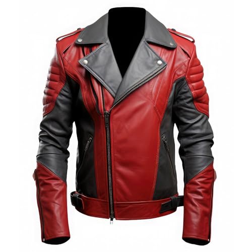 Leather Jets Mens Charcoal Grey Red Genuine Sheepskin Notch Lapel Collar Biker Caf Racer Quilted Asymmetric Leather Jacket