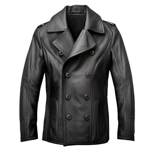 Leather Jets Mens Black Genuine Sheepskin Notched Lapel Collar Winter Double Breasted Retro Office Outfit Leather Pea Coat