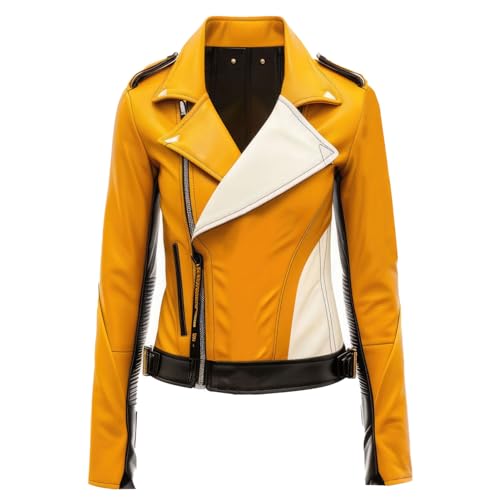 Leather Jets Womens Yellow White Genuine Sheepskin Asymmetric Biker Lapel Collar Sportswear Caf Racer Leather Jacket