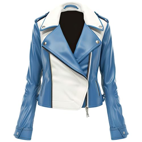 Leather Jets Womens Blue White Genuine Sheepskin Lapel Collar Classy Moto Biker Casual Crossover Rider Leather Jacket