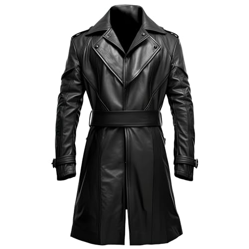 Leather Jets Mens Black Genuine Sheepskin Stylish Lapel Collar Sleek Open Front Casual Formal Belted Soft Trench Leather Coat