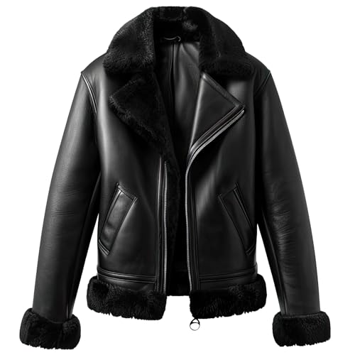 Leather Jets Mens Black Genuine Sheepskin Sherpa Shearling Faux Fur Collar Classy Aviator Smooth Pilot Bomber Leather Jacket