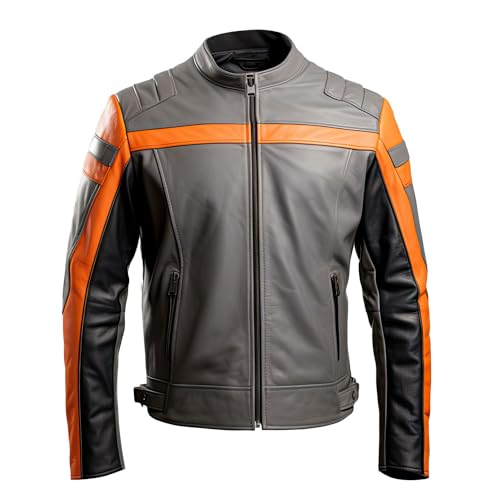 Leather Jets Mens Orange Grey Genuine Sheepskin Biker Zipup Stand Collar Fashionable Winter Riding Sports Leather Jacket