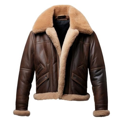 Leather Jets Mens Dark Brown Beige B3 Genuine Sheepskin Sherpa Shearling Faux Fur Lined Warm Aviator Bomber Leather Jacket