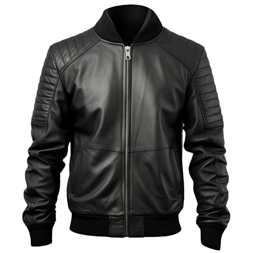 Mens Black Genuine Sheepskin Baseball Collar Sleek ZipUp Soft Rib Knit Quilted Classy Bomber Leather Jacket