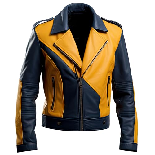 Leather Jets Mens Dark Blue Mustard Genuine Sheepskin Notch Lapel Collar Casual Asymmetric Crossover Two Toned Leather Jacket