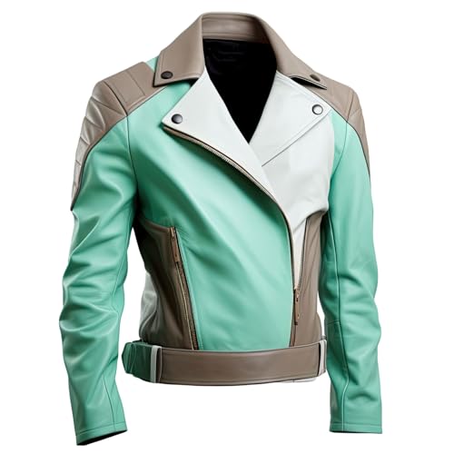 Mens Mint Green Grey Genuine Sheepskin Notched Lapel Collar Zippered Sporty Belted Caf Racer Leather Jacket