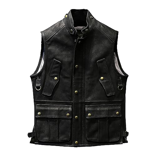 Mens Leather Motorcycle Vest with Pockets and Snap Buttons