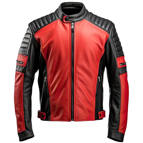 Mens Black Red Genuine Sheepskin Quilted Shoulders Biker Slim Fit Classy Casual Rider Caf Racer Leather Jacket