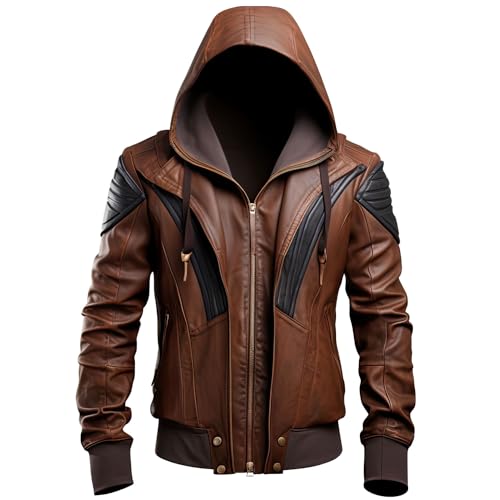 Distressed Coffee Brown Genuine Sheepskin Bomber Hooded Jacket for Men Slimfit Zipup