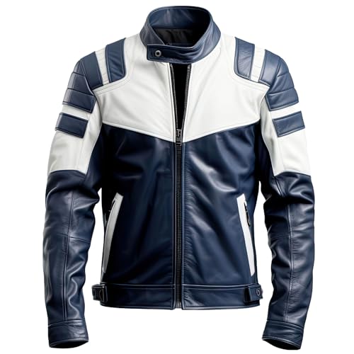 Leather Jets Mens Navy Blue White Genuine Sheepskin Stand Collar Stylish Zipup Racer Biker Casual Slimfit Leather Jacket