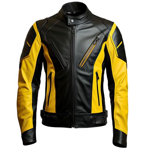 Mens Yellow Black Genuine Sheepskin Stand Collar Riding MultiZipper Outerwear Biker Punk Leather Jacket