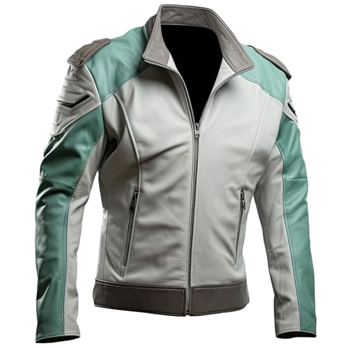 Leather Jets Mens Mint Green Grey Genuine Sheepskin Fashionable Stand Collar Racing Slimfit Sleek Zipper Moto Leather Jacket