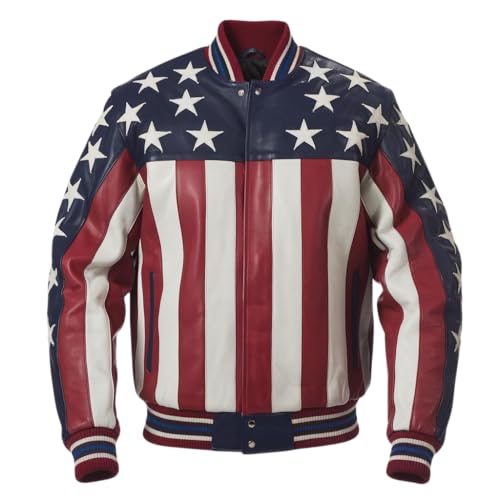 Mens Genuine Leather Bomber Jacket with USA Flag Design  American Flag Inspired Casual Outerwear