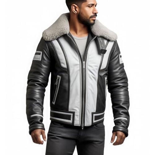 Leather Jets Light Grey Black Genuine Sheepskin Sherpa Faux Fur Collar Zipup Soft Pilot Flying B3 Aviator Leather Jacket