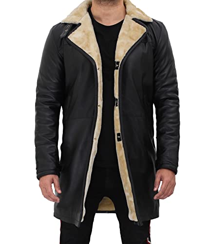 Leather Shearling Coat Men  Black Real Lambskin Leather Trench Coat Men