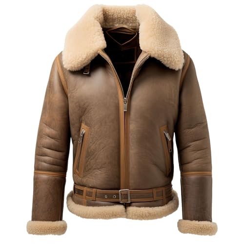 Leather Jets Mens B3 Beige Khaki Genuine Sheepskin Sherpa Shearling Faux Fur Collar Classy Bomber Aviator Leather Jacket