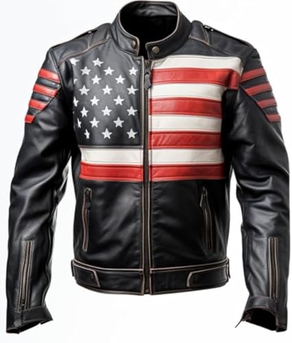 Mens Genuine Leather Jacket with USA Flag Jacket  American Flag Motorcycle Zipper Coat