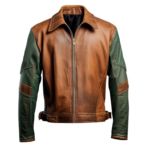 Mens Distressed Brown Sea Green Genuine Sheepskin Shirt Collar Racing Outfit Stylish Sporty Moto Leather Jacket