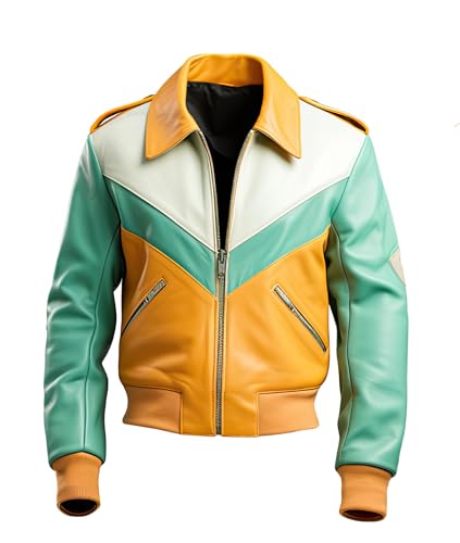 Mens Yellow Mint Green Genuine Sheepskin Rib Knit Casual Smooth Baggy MultiColour Bomber Leather Jacket