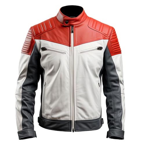 Mens White Red Genuine Sheepskin Stand Collar Zipup Sporty Moto Classic Biker Caf Racer Leather Jacket