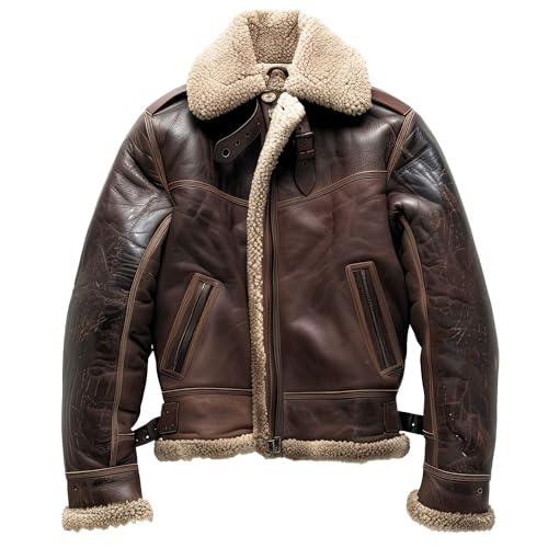 Leather Jets Mens Distressed Dark Brown Genuine Sheepskin Sherpa Shearling Faux Fur Lined Aviator B3 Bomber Leather Jacket