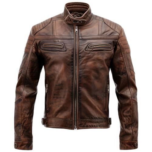 BUCK  SKIN Mens Distressed Brown Genuine Sheepskin Caf Racer Stand Collar Smooth Winterwear Multi Zipper Leather Jacket