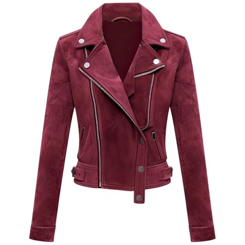 Womens Maroon Genuine Suede Classy Biker Lapel Collar Casual Racing Asymmetric Slimfit Scooter Leather Jacket