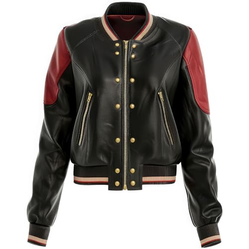 Womens Maroon Black Genuine Sheepskin Classy Baseball Collar Soft Rib Knit Zip up Varsity Leather Jacket