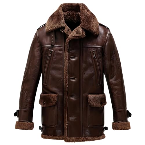 Leather Jets Mens Brown Genuine Sheepskin Sherpa Shearling Faux Fur Collar Flying Buttondown MidLength Leather Jacket