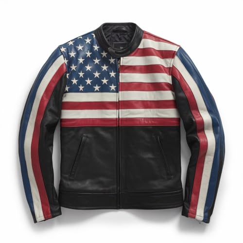 American Flag Leather Biker Jacket Black and Red White and Blue Stars and Stripes