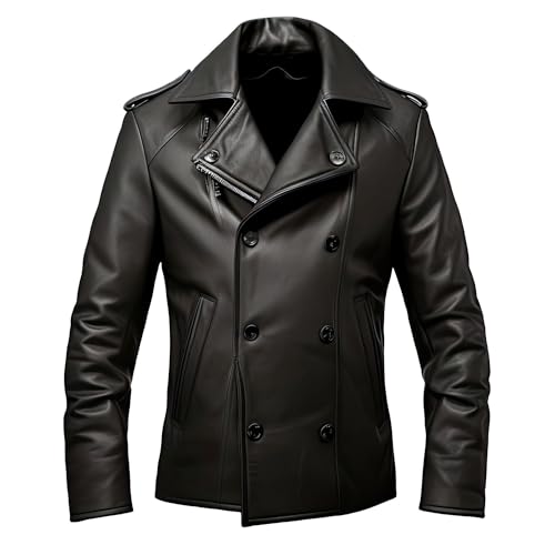 Leather Jets Mens Black Genuine Sheepskin Notched Lapel Collar Classic Crossover Stylish Formal Office Wear Leather Pea Coat