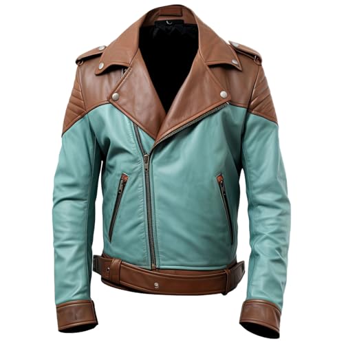 Mens Mint Green Grey Genuine Sheepskin Notched Lapel Collar Elegant Sporty Belted Caf Racer Leather Jacket