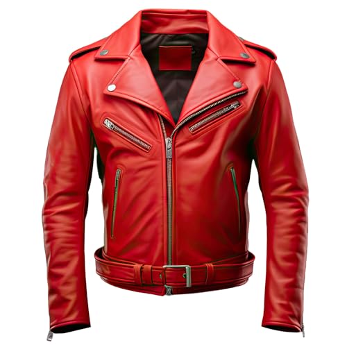 Leather Jets Mens Red Genuine Sheepskin Lapel Collar Caf Racer Zipup Elegant Belted Winter Outerwear Racing Leather Jacket