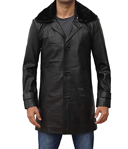 Shearling Black Leather Trench Coat Mens  Real Lambskin Long Leather Jacket Fur Coats