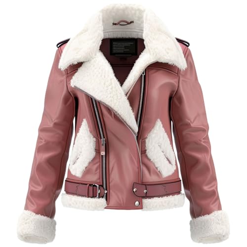 Womens Pink Genuine Sheepskin Sherpa Shearling Faux Fur Lined Crossover Aviator Flight Pilot Soft Leather Jacket