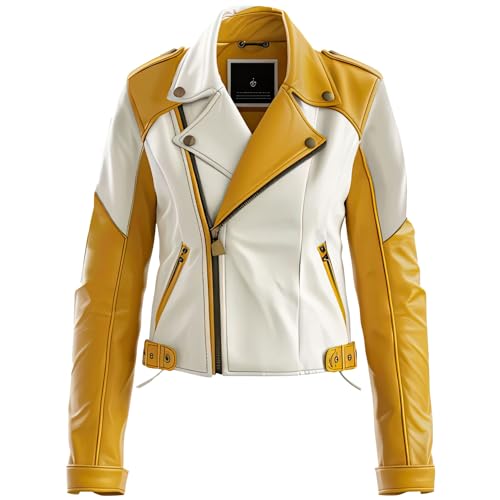 Womens Mustard White Genuine Sheepskin Soft Crossover Lapel Collar Rider Outfit Asymmetric Zip Leather Jacket