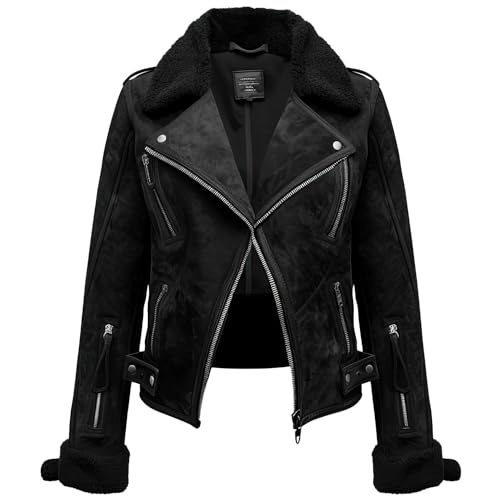 Womens Black Genuine Suede Sherpa Shearling Faux Fur Collar Smooth Multi Zipper Warm Biker Racing Leather Jacket