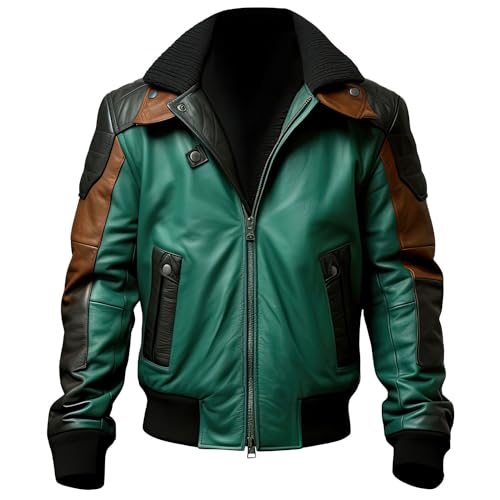 Leather Jets Mens Green Black Genuine Sheepskin Shirt Collar Racing Moto Zipup Warm Rib Knitted Bomber Leather Jacket