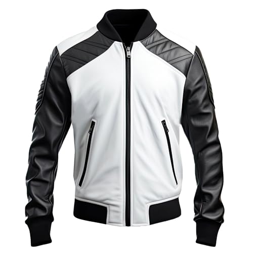 Leather Jets Mens Black White Genuine Sheepskin Baseball Collar Classy Sporty Scooter ZipUp Rib Knit Bomber Leather Jacket