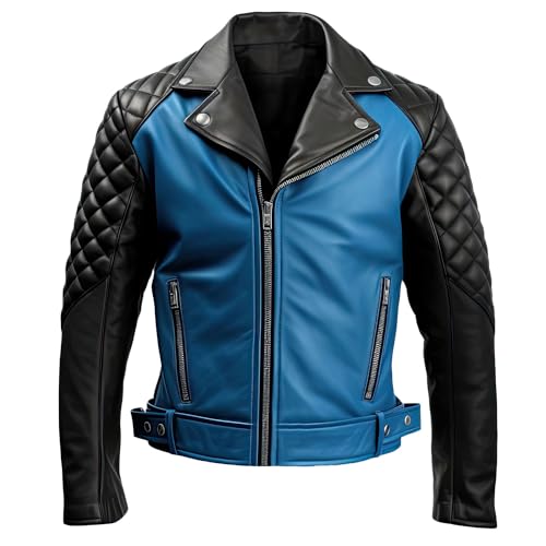 Leather Jets Mens Royal Blue Black Genuine Sheepskin Caf Racer Diamond Quilted Warm Outfit Lapel Collar Moto Leather Jacket