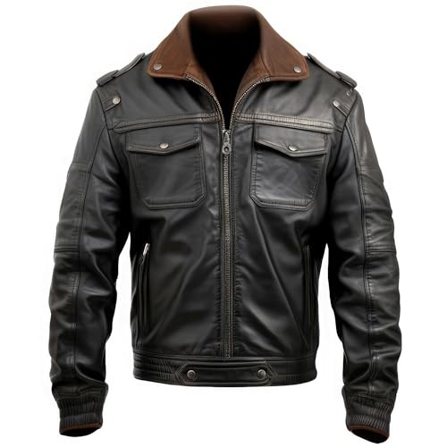 Leather Jets Mens Black Genuine Sheepskin Stand Collar Classic Motorcycle Biker Style Soft Lightweight Trucker Leather Jacket